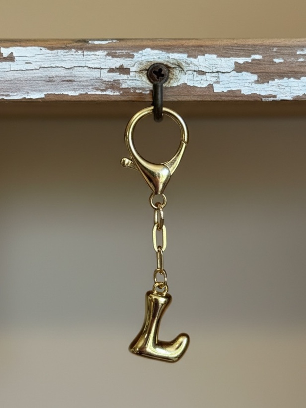 Gold Letter Balloon Bubble Letter  L Charm Keychain - Gold Color